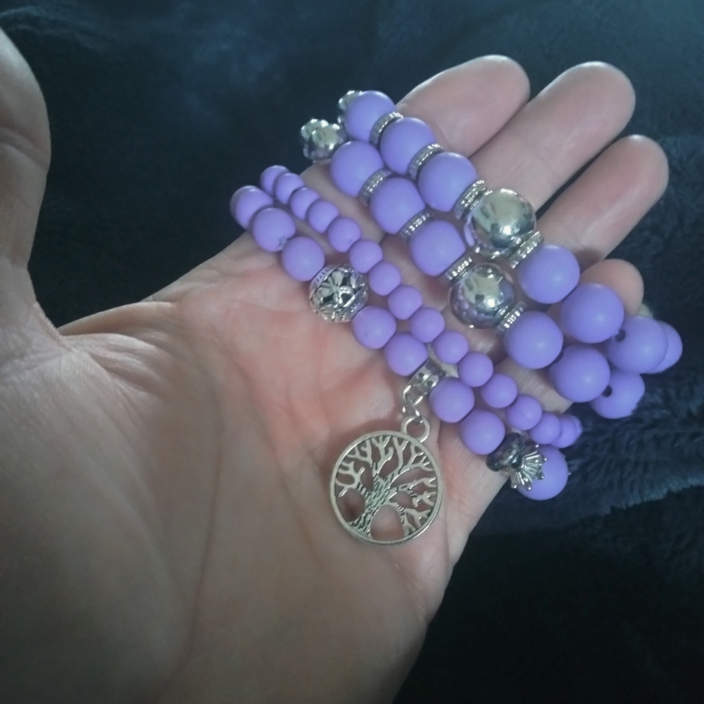 Purple Beaded Bracelet Set with Tree of Life Charm